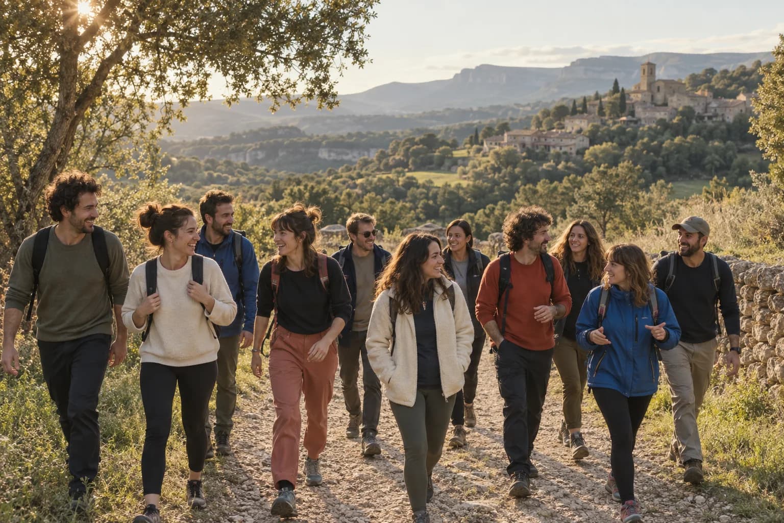 Un grup d’adults comparteix una passejada en un entorn mediterrani. Imatge conceptual.